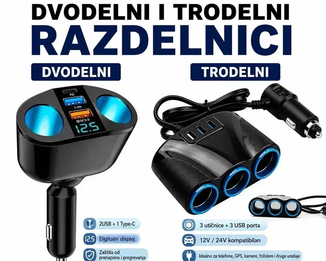 Razdelnik auto upaljac 12V-24V sa USB portovima
