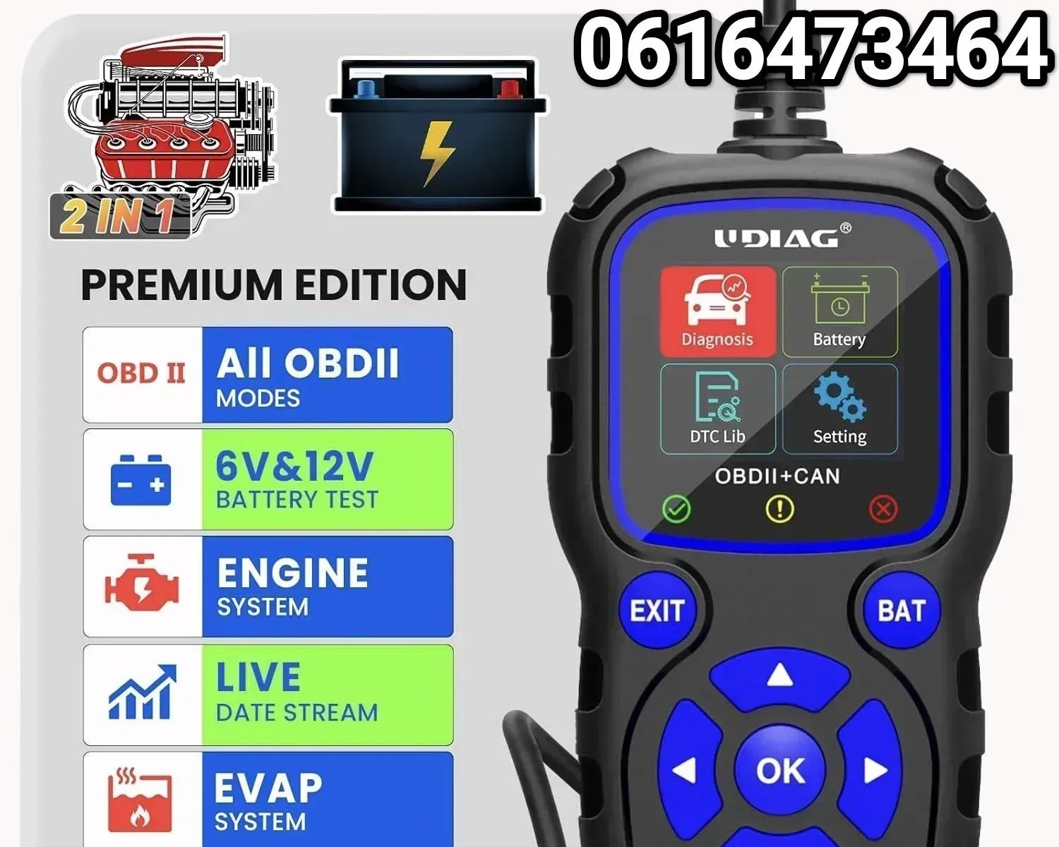 UDIAG CR720 OBD2 EOBD+CAN Diagnostic Scanner with Battery Voltage Tester